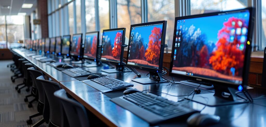 many desktop computers lined up on a table with keyboards and mice